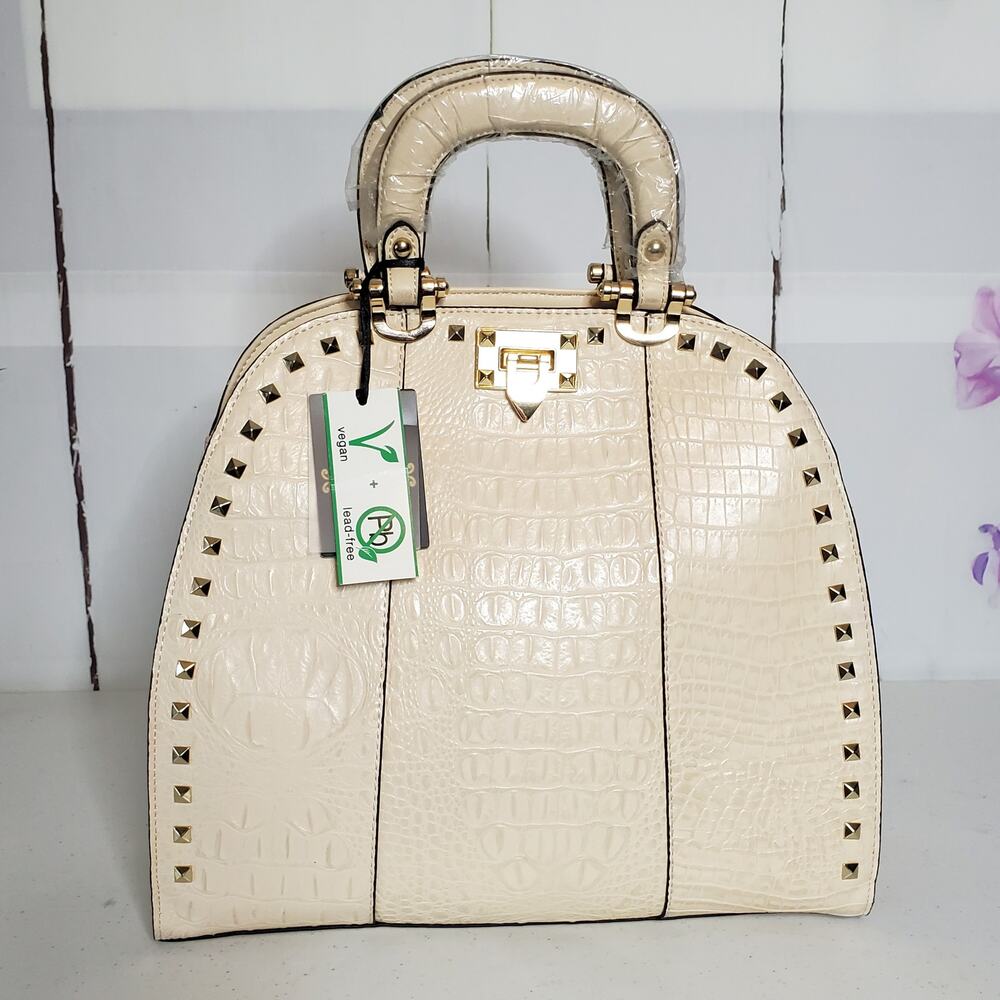 Isabelle Ivory Patent Vegan Leather Faux Croc Studded Dome Satchel - Picture 9 of 9